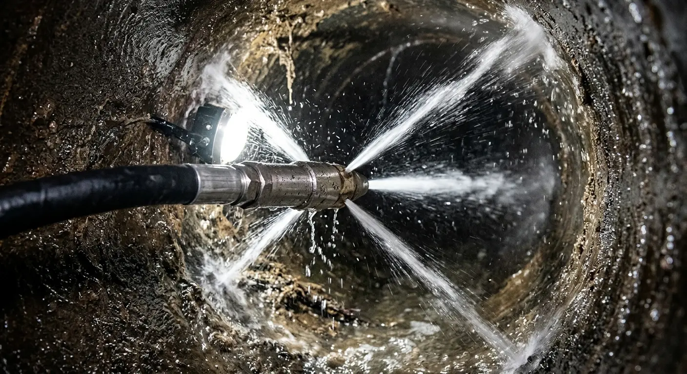 High-pressure hydro jetting nozzle cleaning sewer pipe for Sewer Cleanout in Eastham