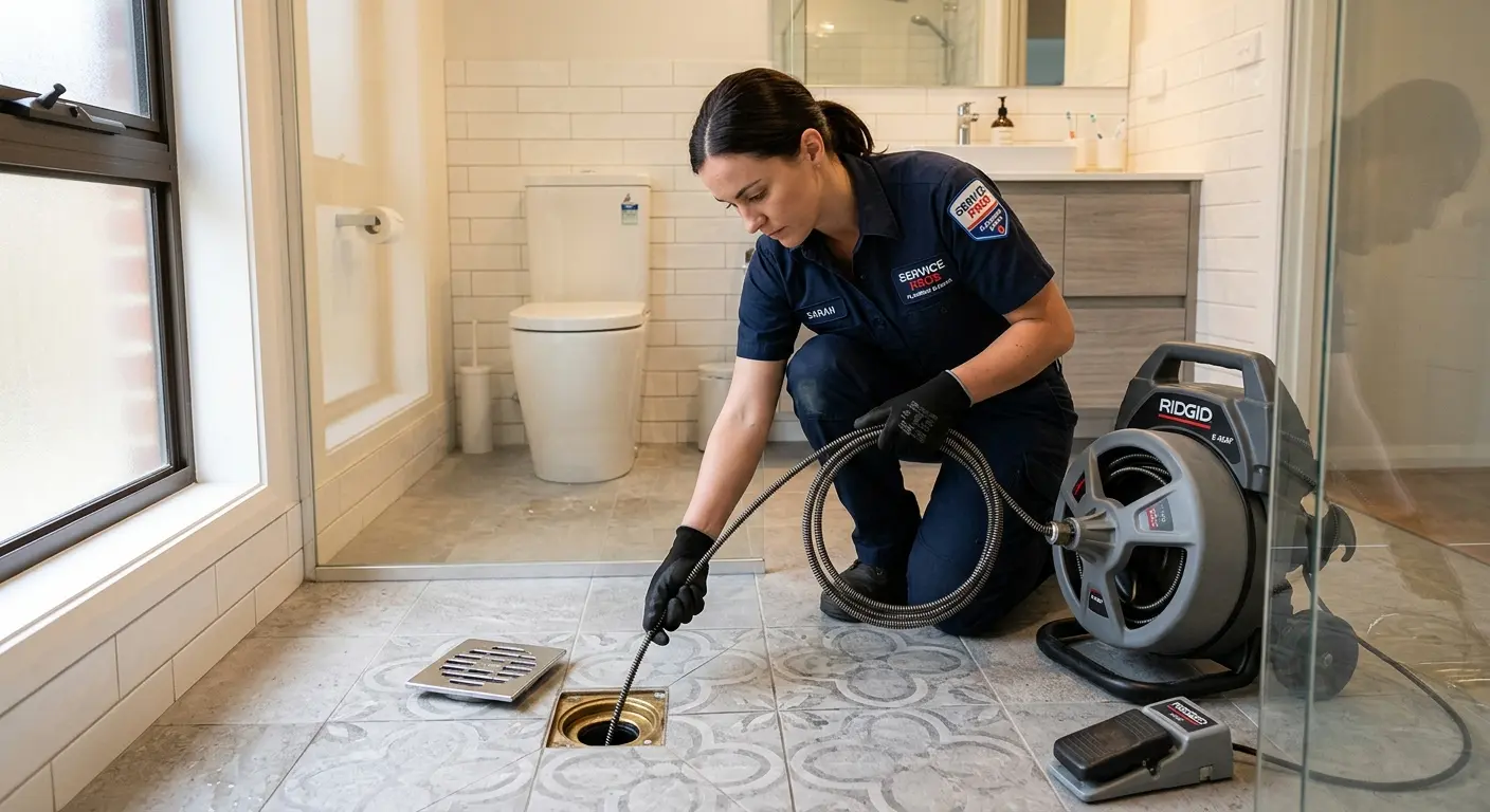 Technician clearing a bathroom floor drain for Sewer Line Replacement in Eastham
